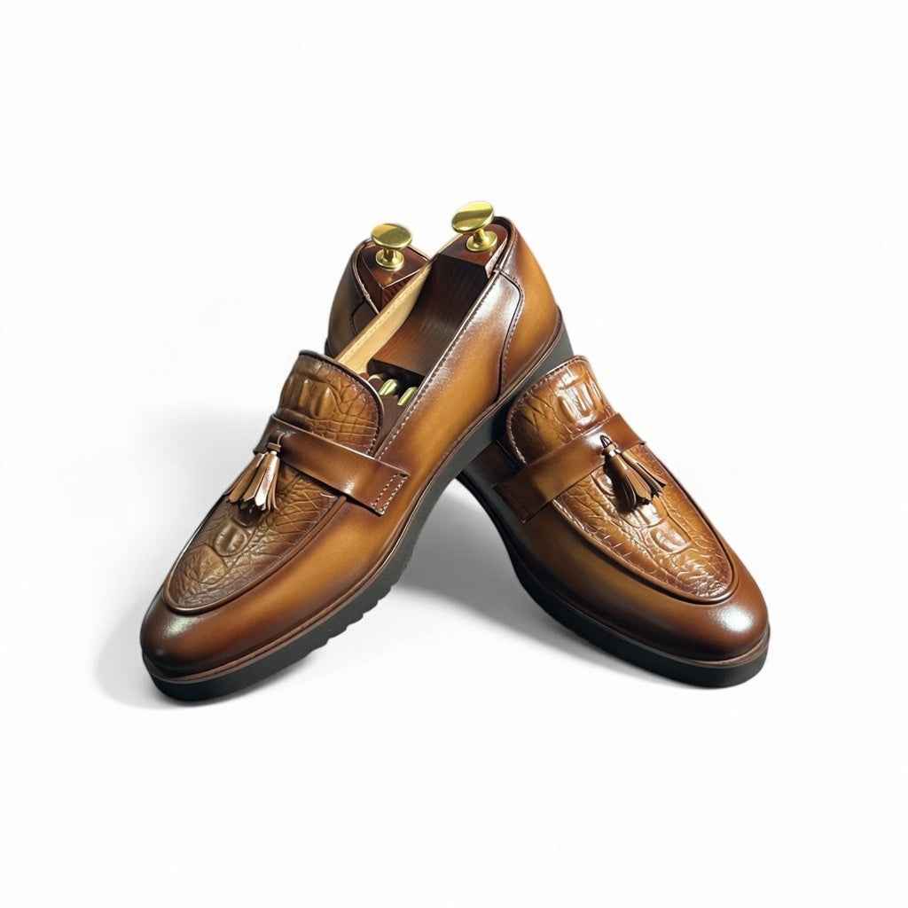 Leka"Tan Croc-Textured Leather Tassel Loafers for Men