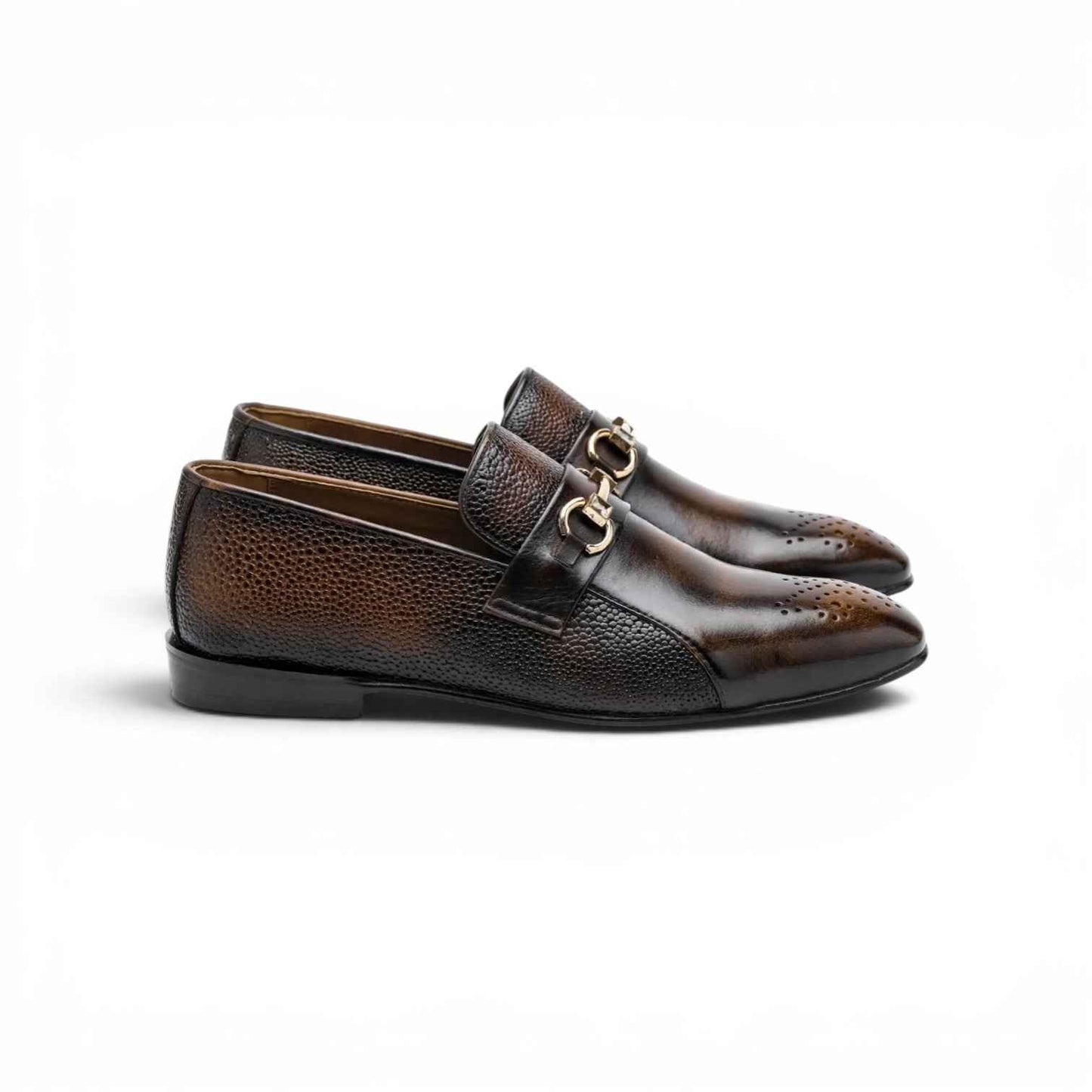 AS - Bruno Patina "Burnish Horsebit Loafer - Pebble Grain Brown Patina | Gold Buckle | Premium Formal Loafer for Men