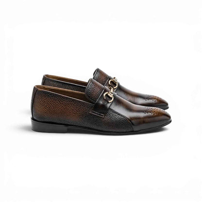 AS - Bruno Patina "Burnish Horsebit Loafer - Pebble Grain Brown Patina | Gold Buckle | Premium Formal Loafer for Men
