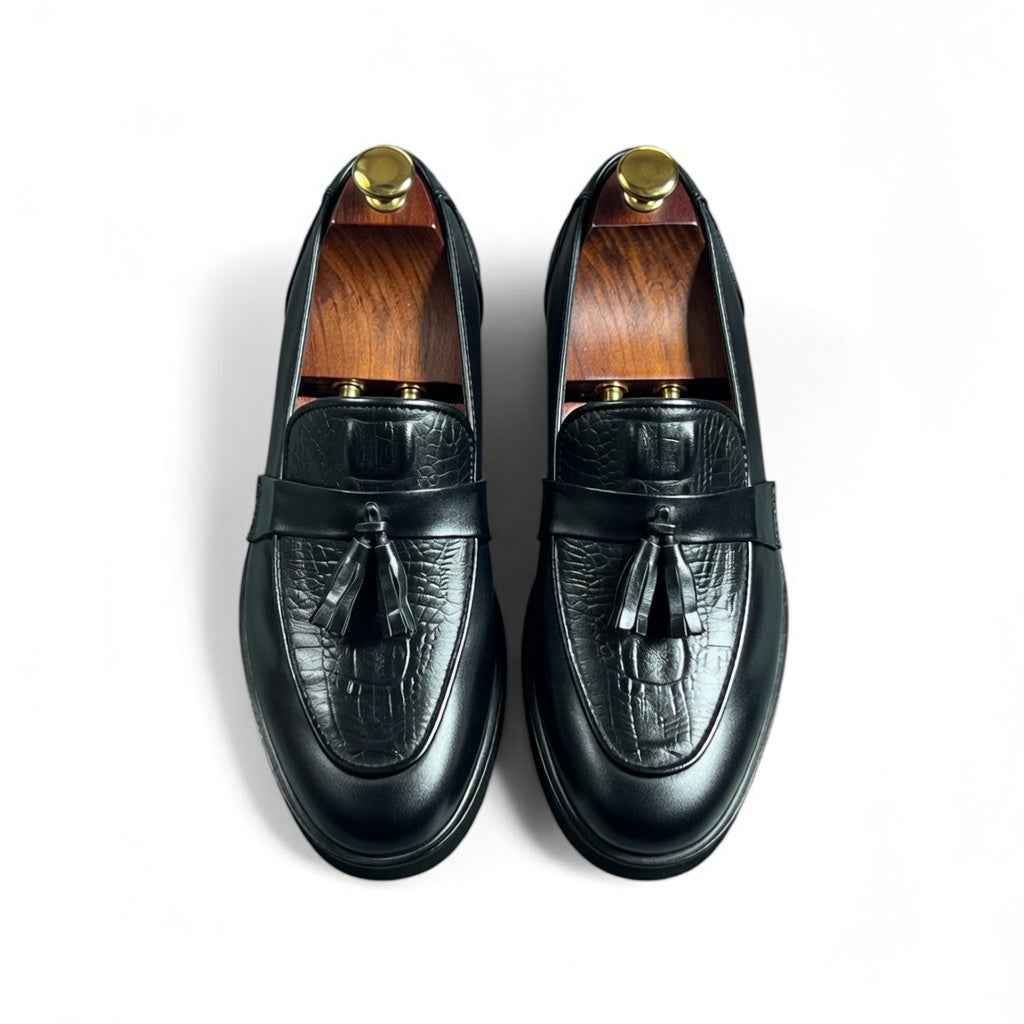 AS - Leka"Black Croc-Textured Leather Tassel Loafers for Men