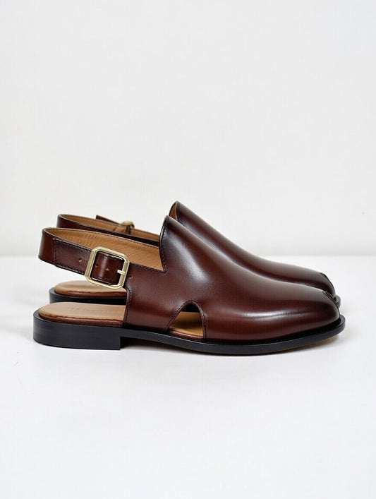 Brown leather shoes with a strap on a white background
