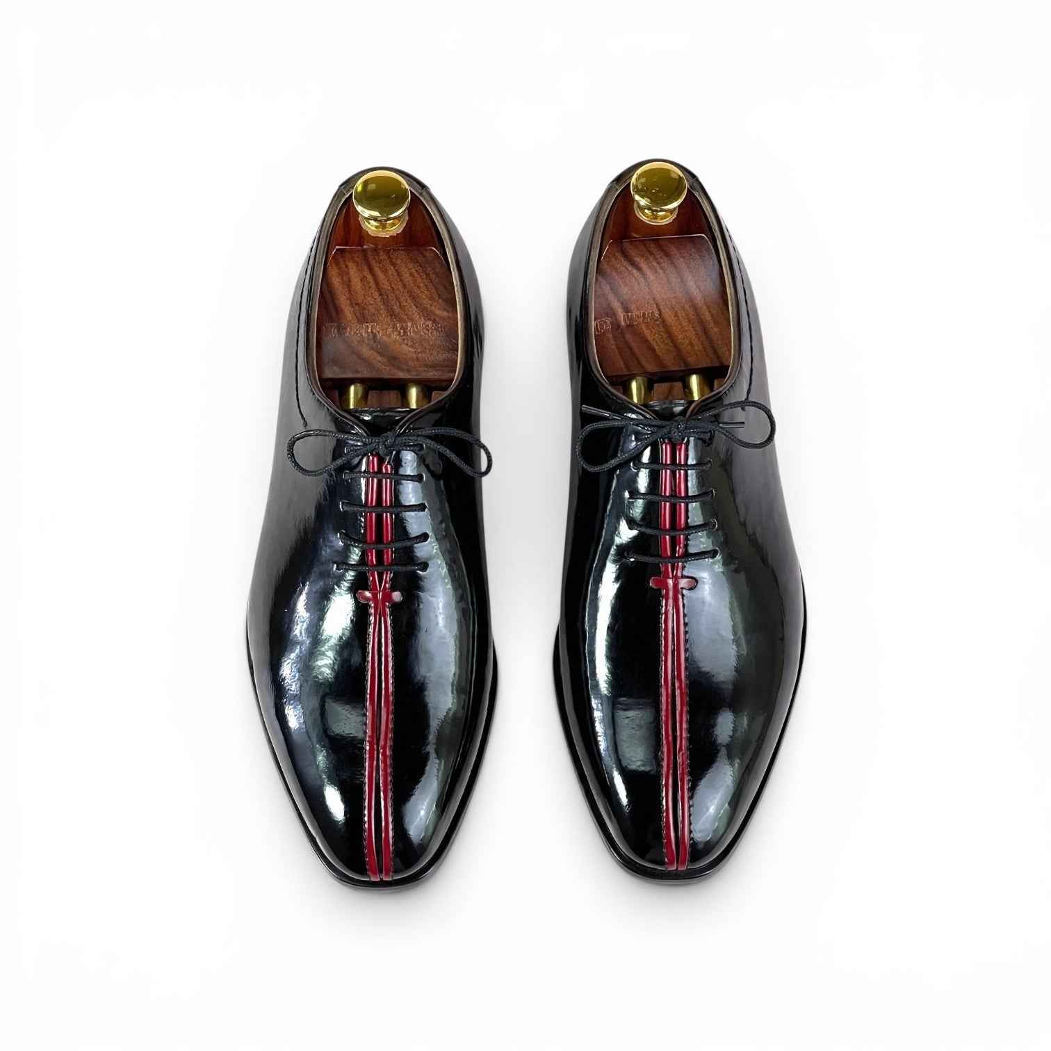 AS - RossoCorsa" Men's Black Patent Oxford - Double Red Racing Stripe Formal Lace-Up Shoes | Mirror Gloss Tuxedo Edition