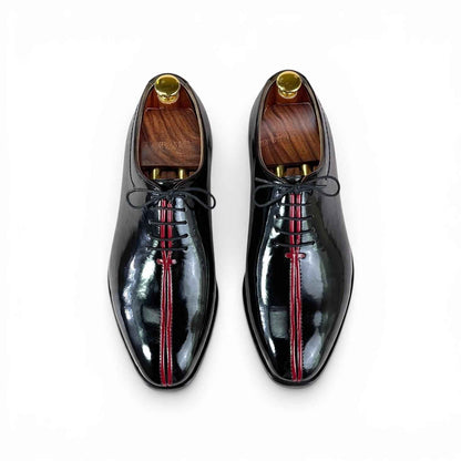 AS - RossoCorsa" Men's Black Patent Oxford - Double Red Racing Stripe Formal Lace-Up Shoes | Mirror Gloss Tuxedo Edition
