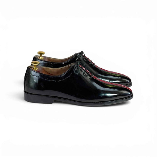 AS - RossoCorsa" Men's Black Patent Oxford - Double Red Racing Stripe Formal Lace-Up Shoes | Mirror Gloss Tuxedo Edition