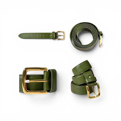 An olive green leather belt shown in multiple views on a white background, featuring a gold-tone buckle and a matching gold-tone tip.