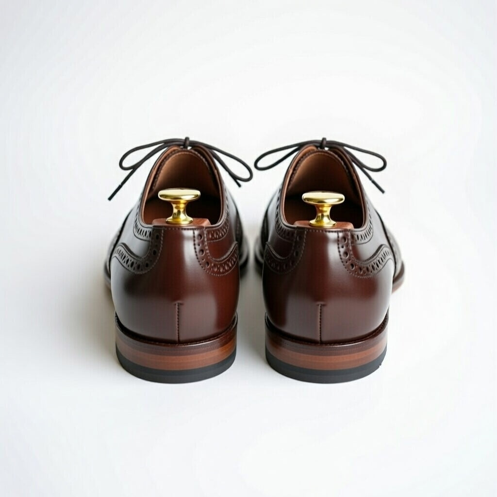 Pair of brown leather shoes with gold buttons on a white background