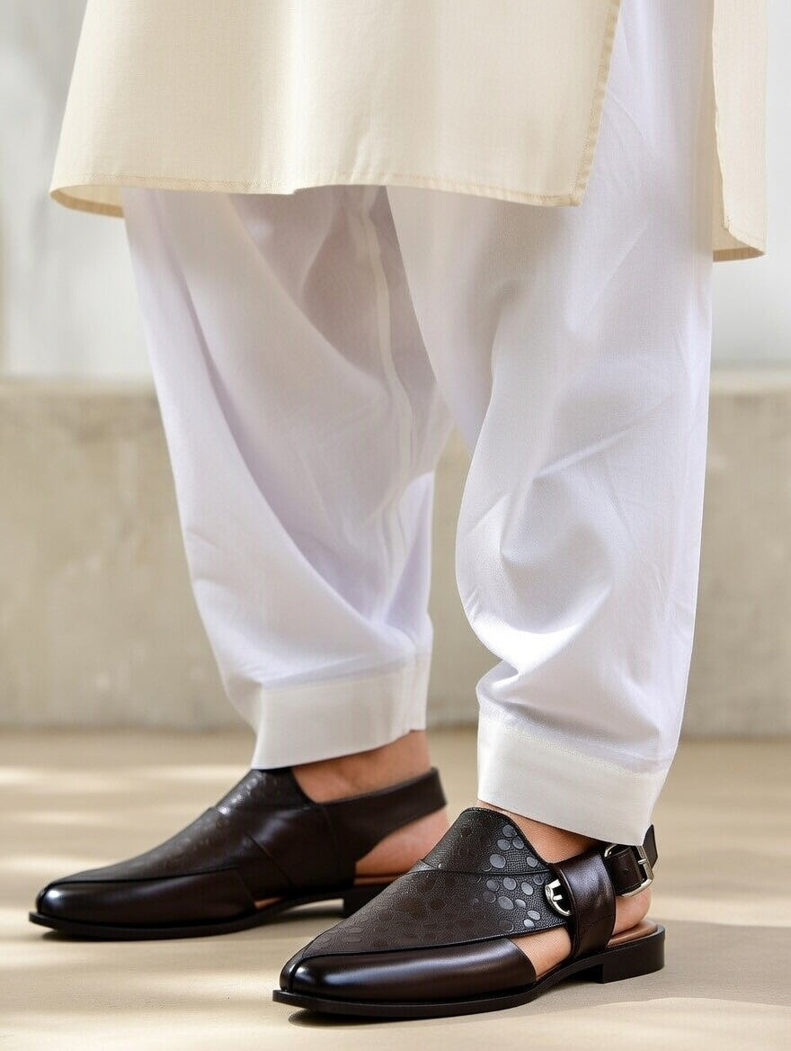 Brown leather shoes worn with white pants on a neutral background