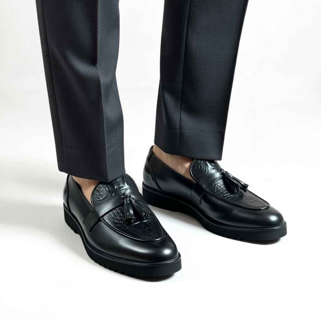 AS - Leka"Black Croc-Textured Leather Tassel Loafers for Men