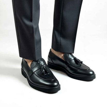 AS - Leka"Black Croc-Textured Leather Tassel Loafers for Men