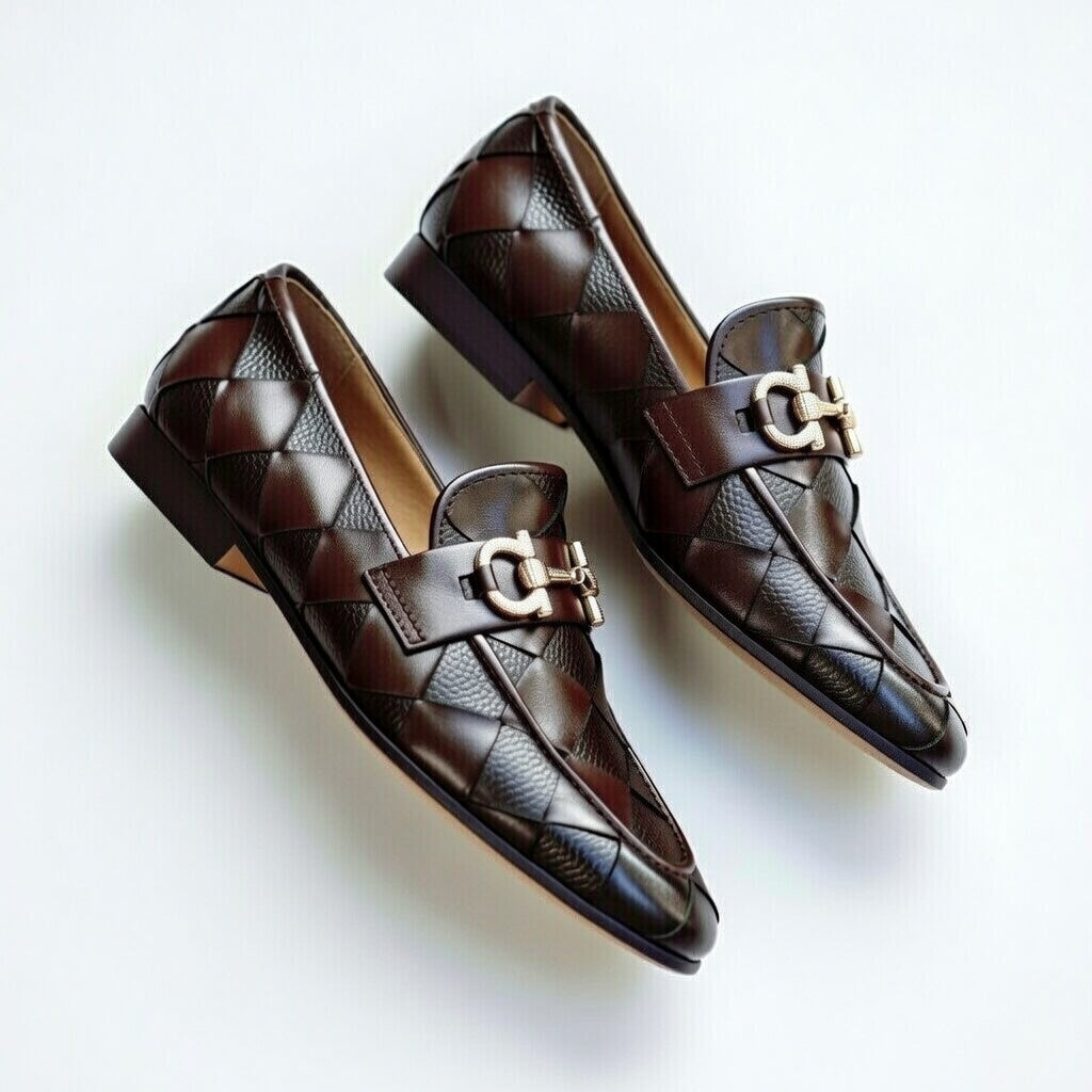 Shop premium men’s brown woven leather loafers made from genuine leather. Stylish, comfortable & perfect for formal and smart-casual wear.
