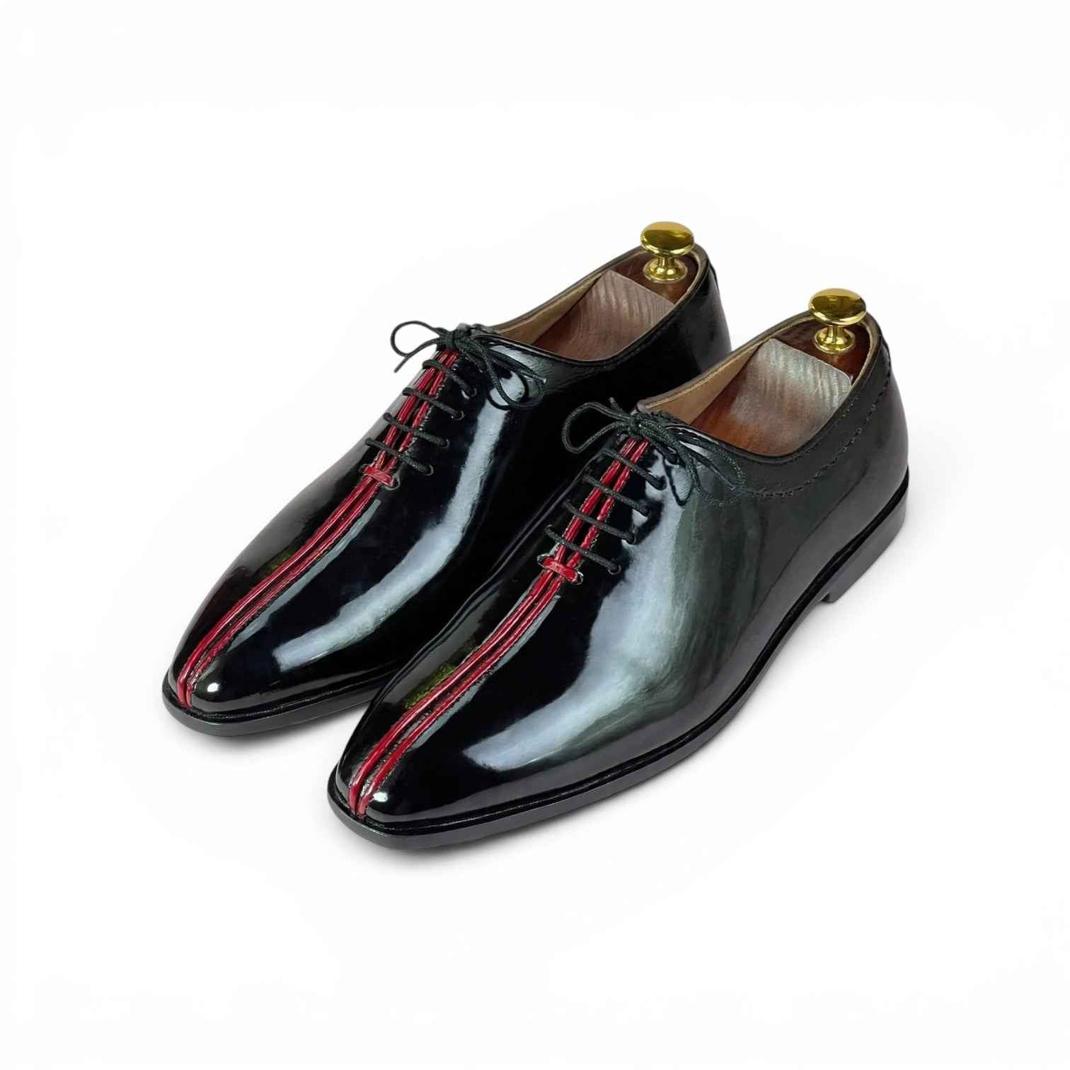 AS - RossoCorsa" Men's Black Patent Oxford - Double Red Racing Stripe Formal Lace-Up Shoes | Mirror Gloss Tuxedo Edition