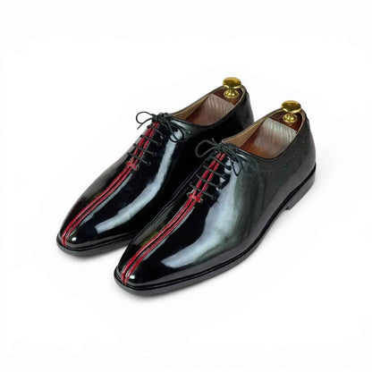 AS - RossoCorsa" Men's Black Patent Oxford - Double Red Racing Stripe Formal Lace-Up Shoes | Mirror Gloss Tuxedo Edition