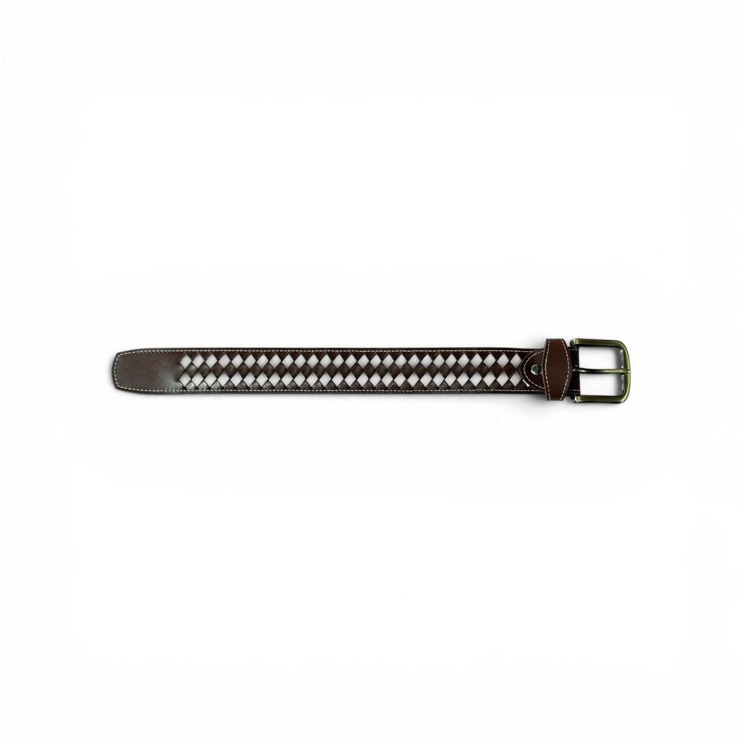 A dark brown leather belt featuring a decorative woven pattern of white and silver-toned rhinestones, finished with a silver-toned metal buckle.