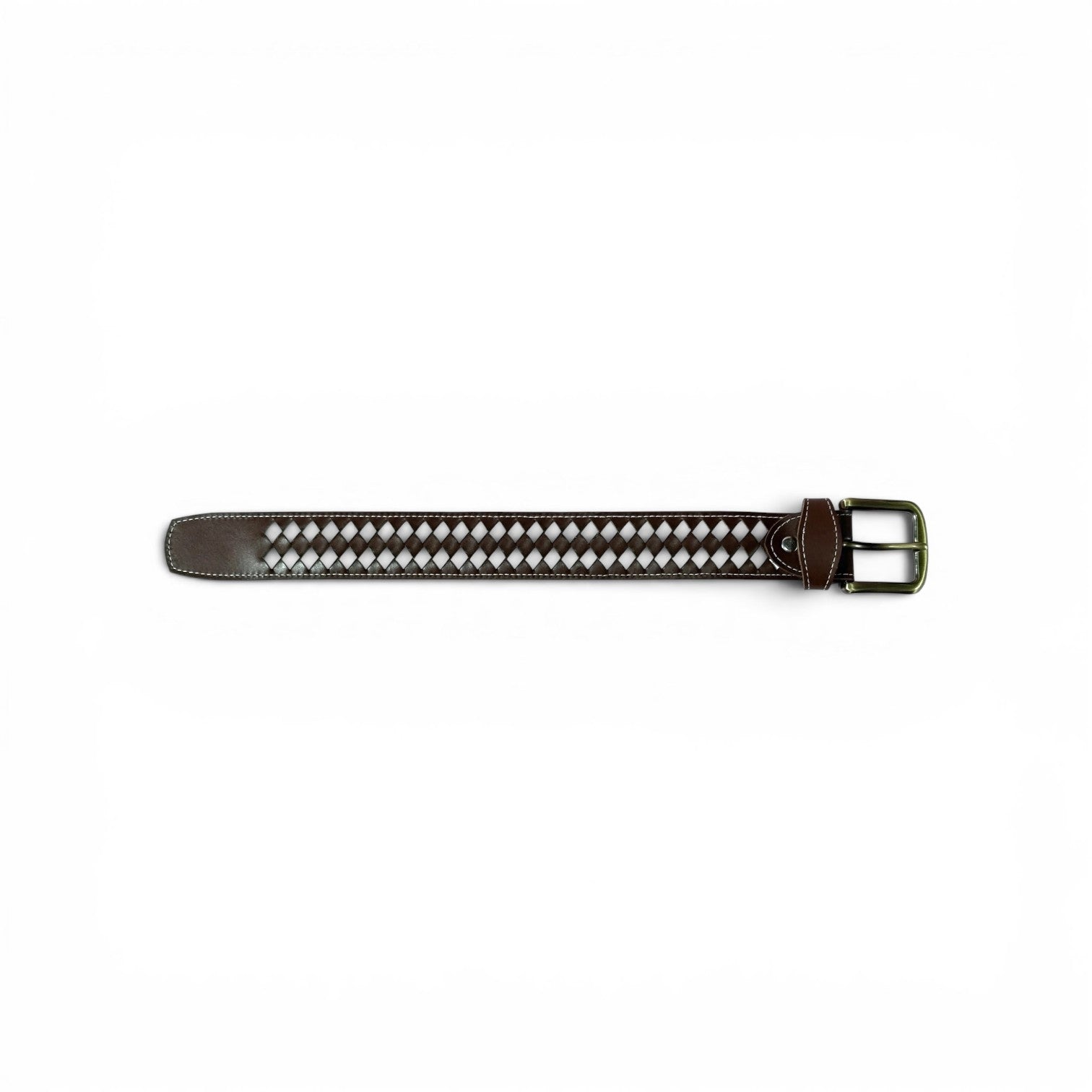 A dark brown leather belt featuring a decorative woven pattern of white and silver-toned rhinestones, finished with a silver-toned metal buckle.