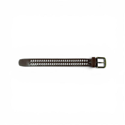 A dark brown leather belt featuring a decorative woven pattern of white and silver-toned rhinestones, finished with a silver-toned metal buckle.