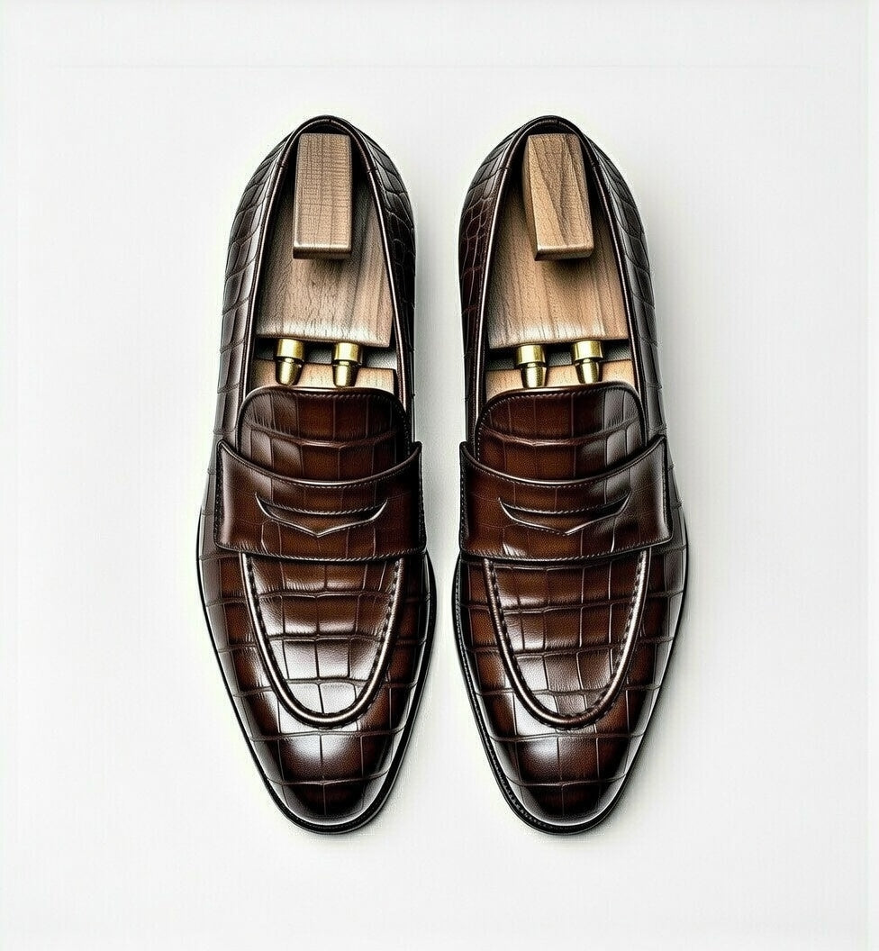 Pair of brown leather loafers with wooden soles on a white background