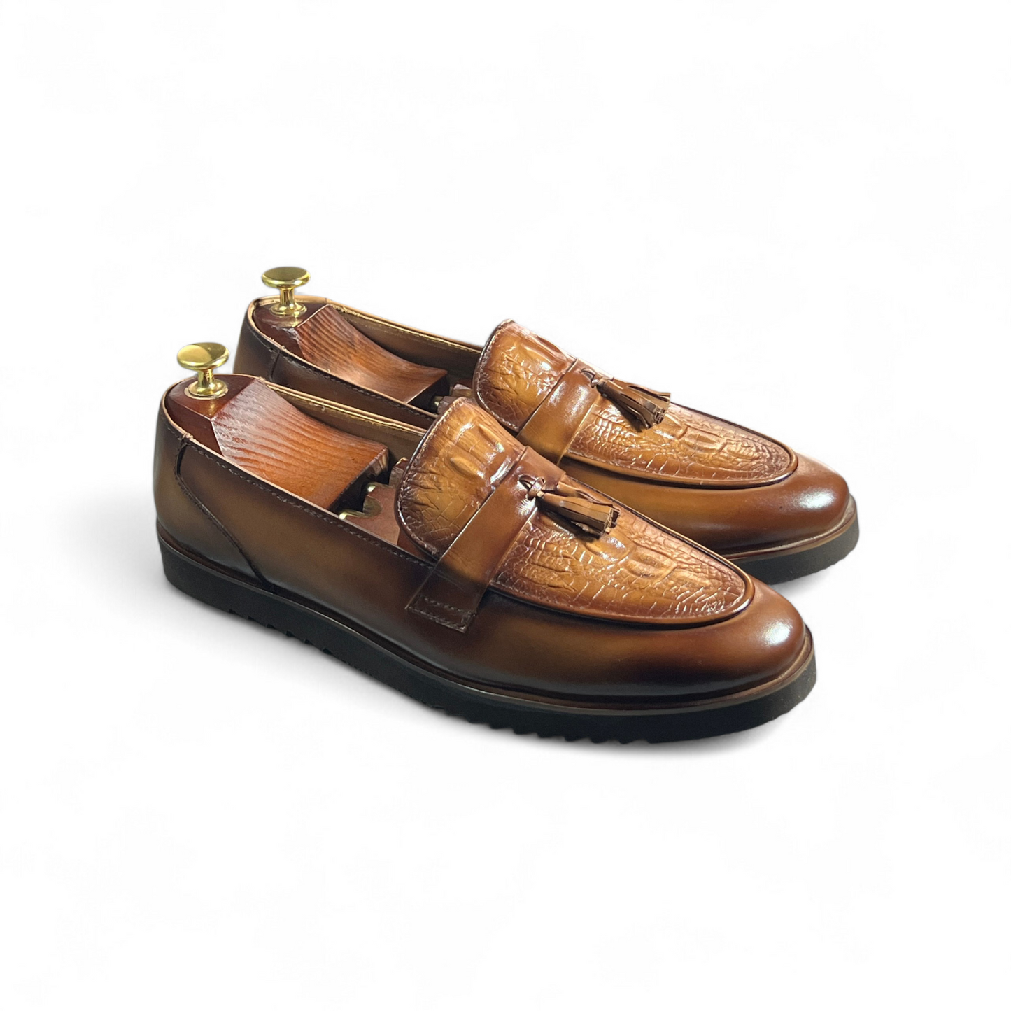 Leka"Tan Croc-Textured Leather Tassel Loafers for Men