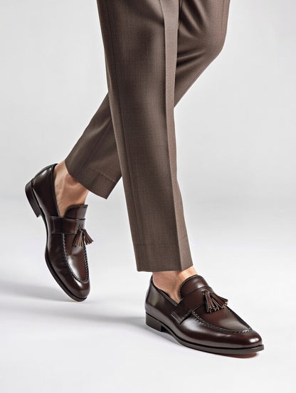 Brown loafers with tassels worn with brown pants on a light gray background