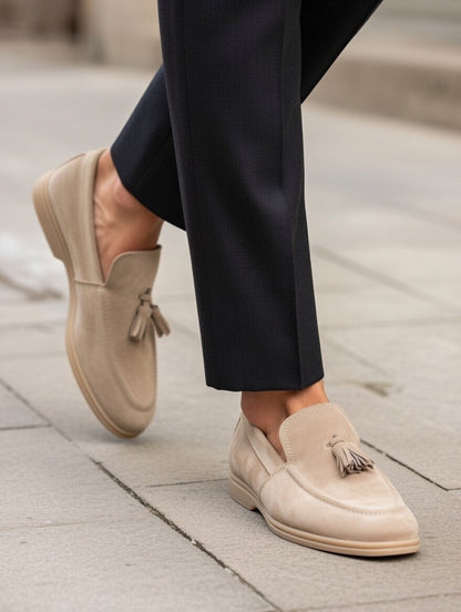 Men’s Beige Suede Tassel Loafers – Slip-On Smart Casual Shoes