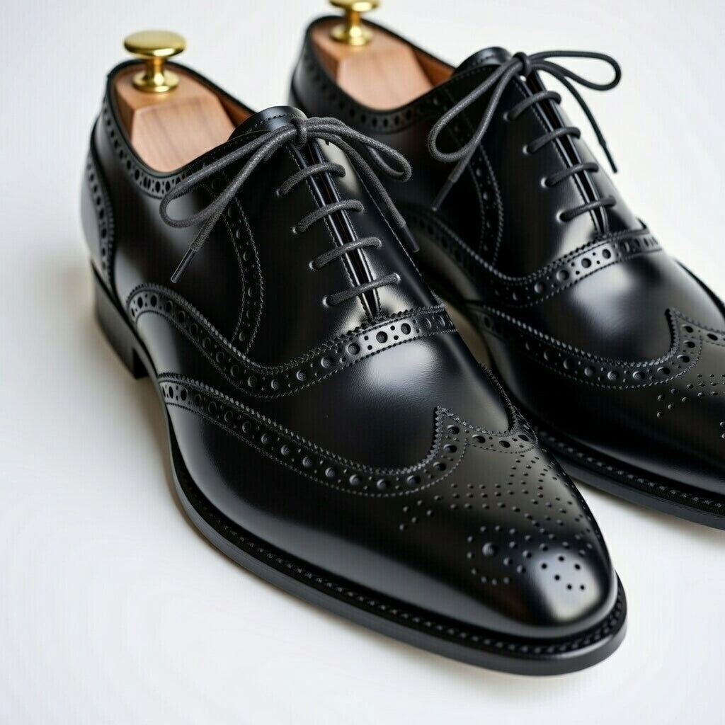 Pair of black dress shoes with brogue detailing on a white background