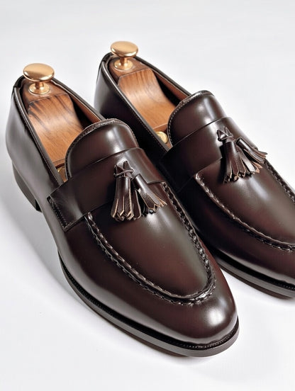 Pair of brown loafers with tassels on a light gray background