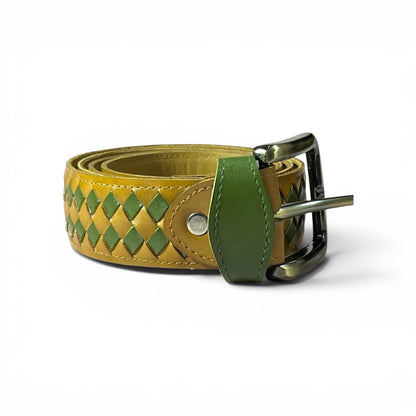 A woven leather belt with a yellow and green diamond pattern, a green keeper loop, and a silver-tone metal buckle, shown on a white background..