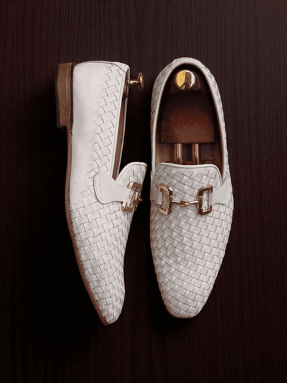 handmade leather loafers, white woven loafers, men’s formal shoes, luxury loafers for men, genuine leather loafers, wedding shoes for men, designer loafers Pakistan