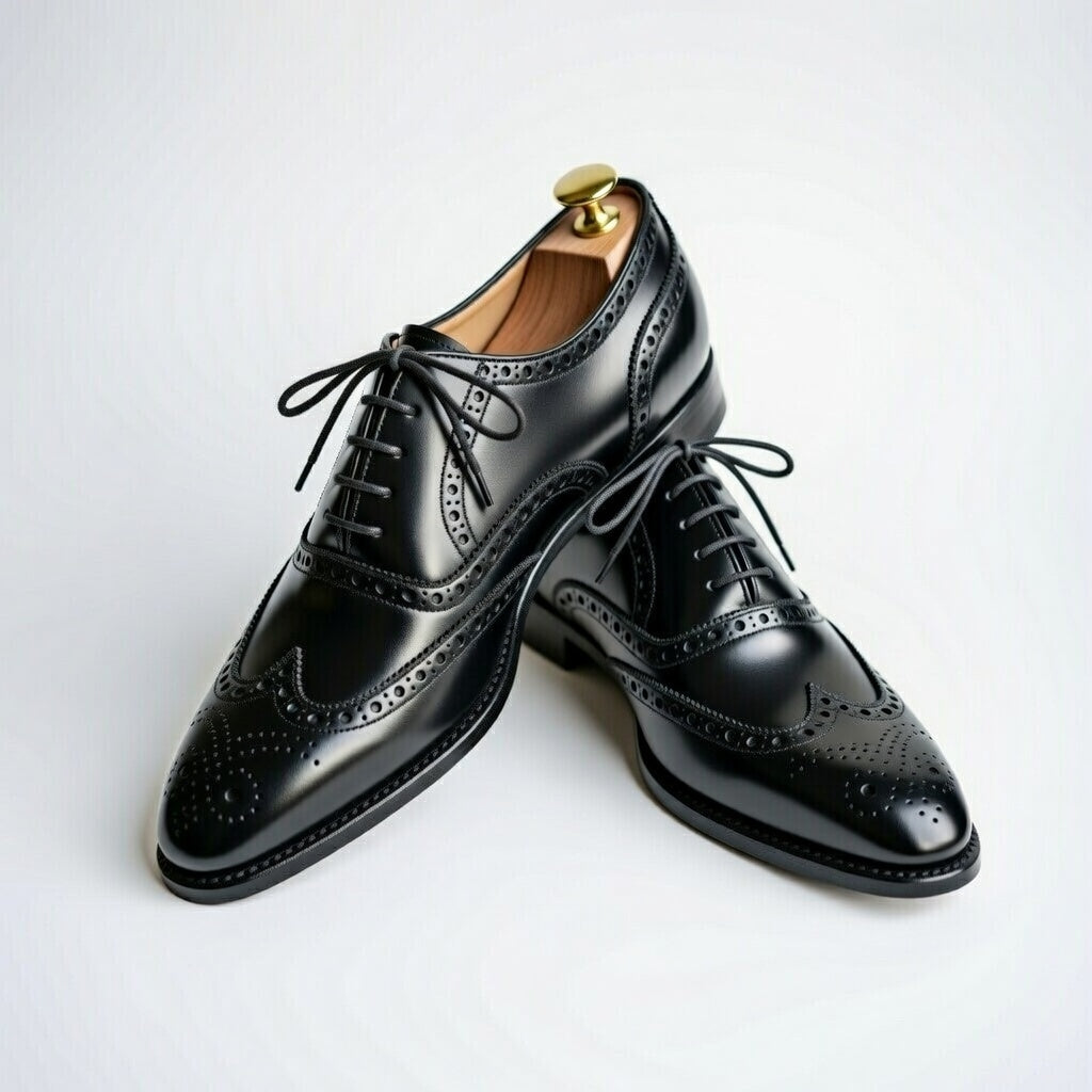 Pair of black dress shoes with brogue detailing on a light gray background