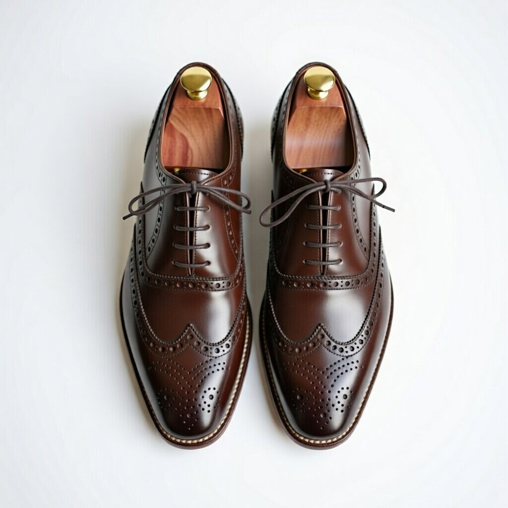 Pair of brown leather dress shoes with wooden insoles on a white background