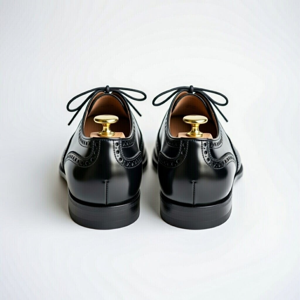 Pair of black dress shoes with gold buttons on a white background