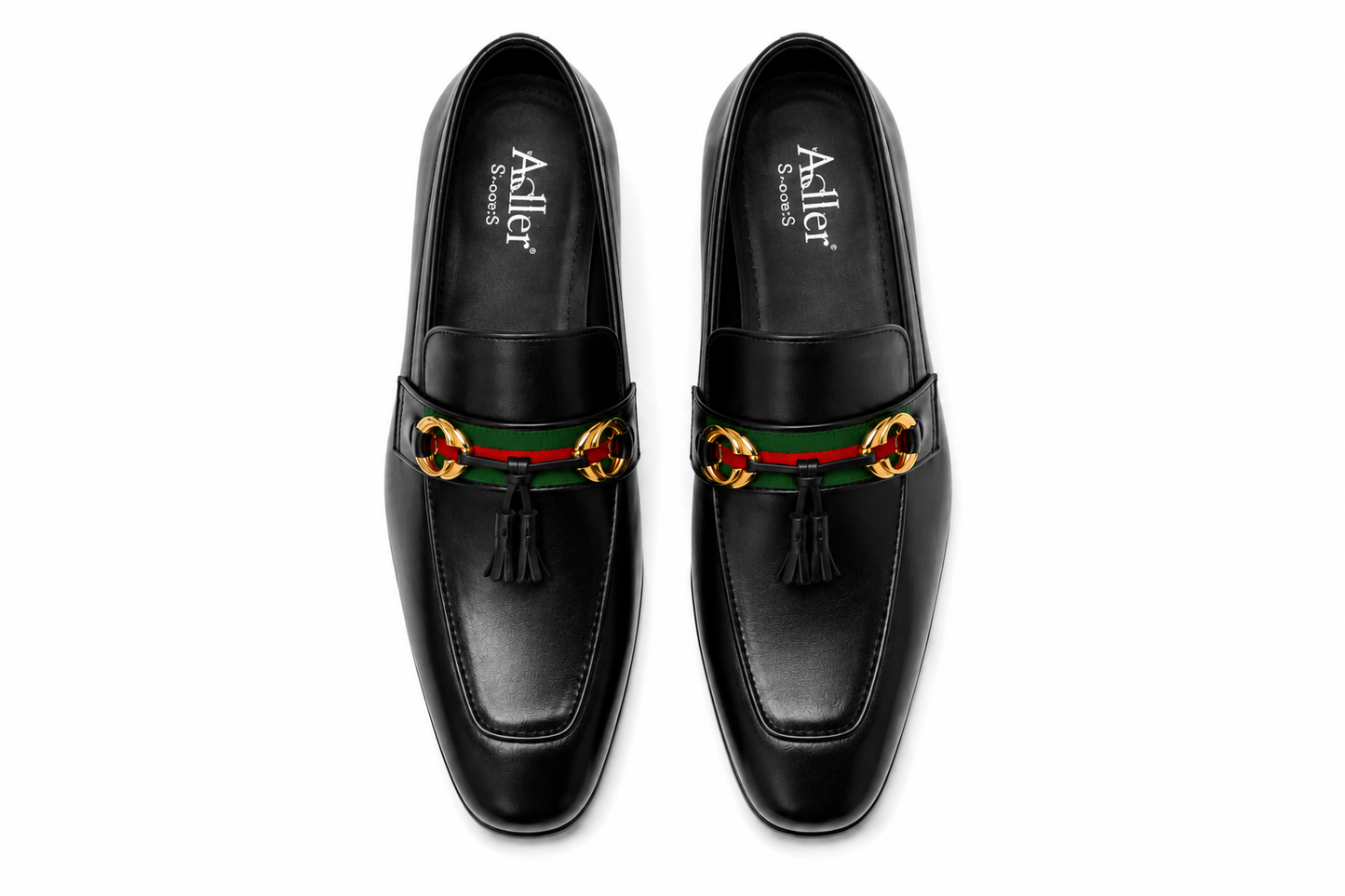 Black Leather Tassel Loafers with Gold Double G Horsebit and Green Red Web Stripe - Mens Side View Pair Without Gold Tassel Rings