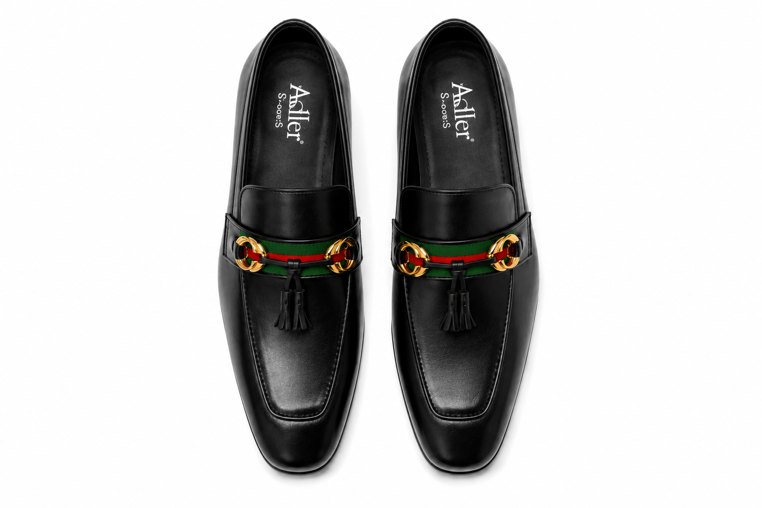 Black Leather Tassel Loafers with Gold Double G Horsebit and Green Red Web Stripe - Mens Side View Pair Without Gold Tassel Rings