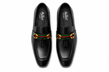 Black Leather Tassel Loafers with Gold Double G Horsebit and Green Red Web Stripe - Mens Side View Pair Without Gold Tassel Rings