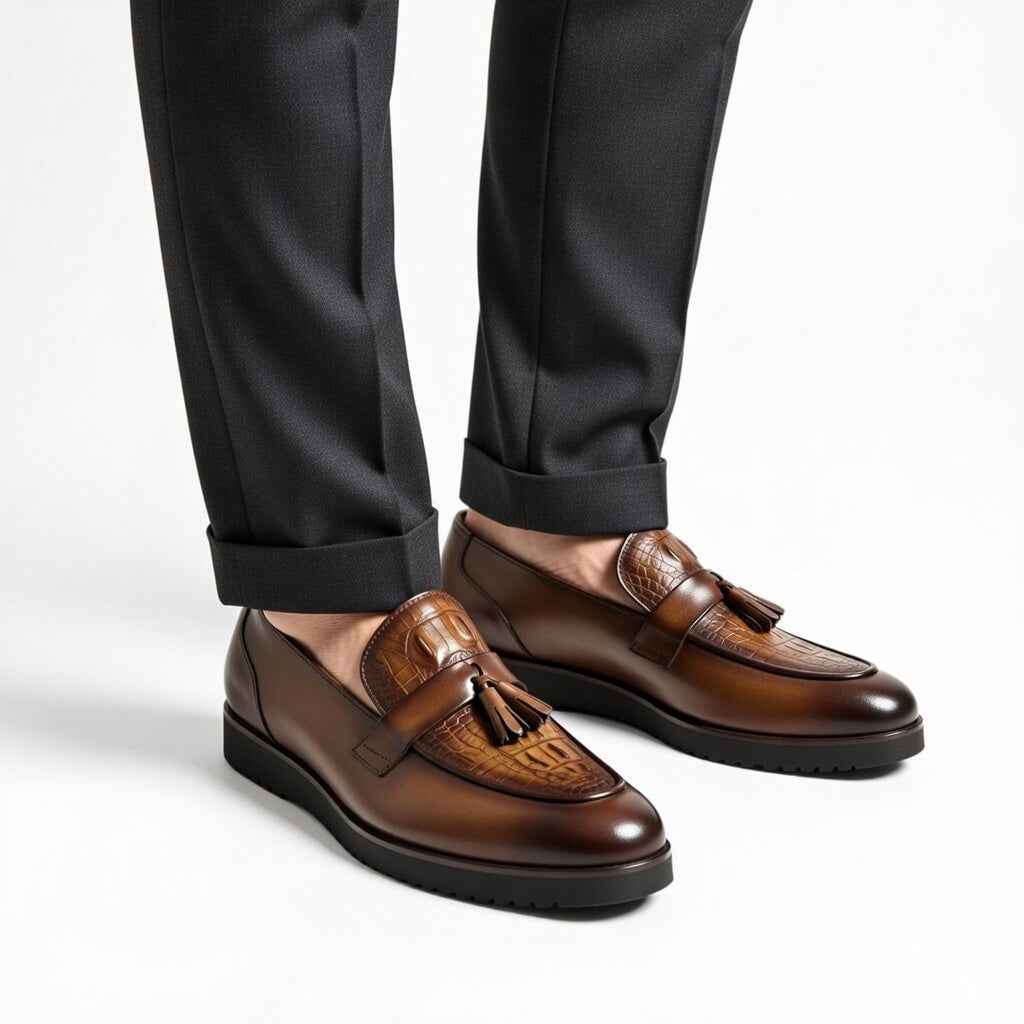 Leka"Tan Croc-Textured Leather Tassel Loafers for Men