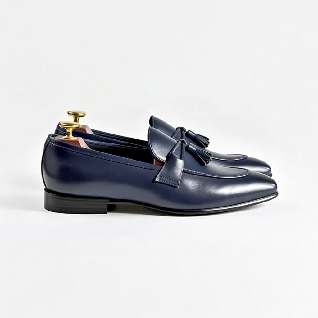Pair of blue leather loafers with a bow on a light gray background