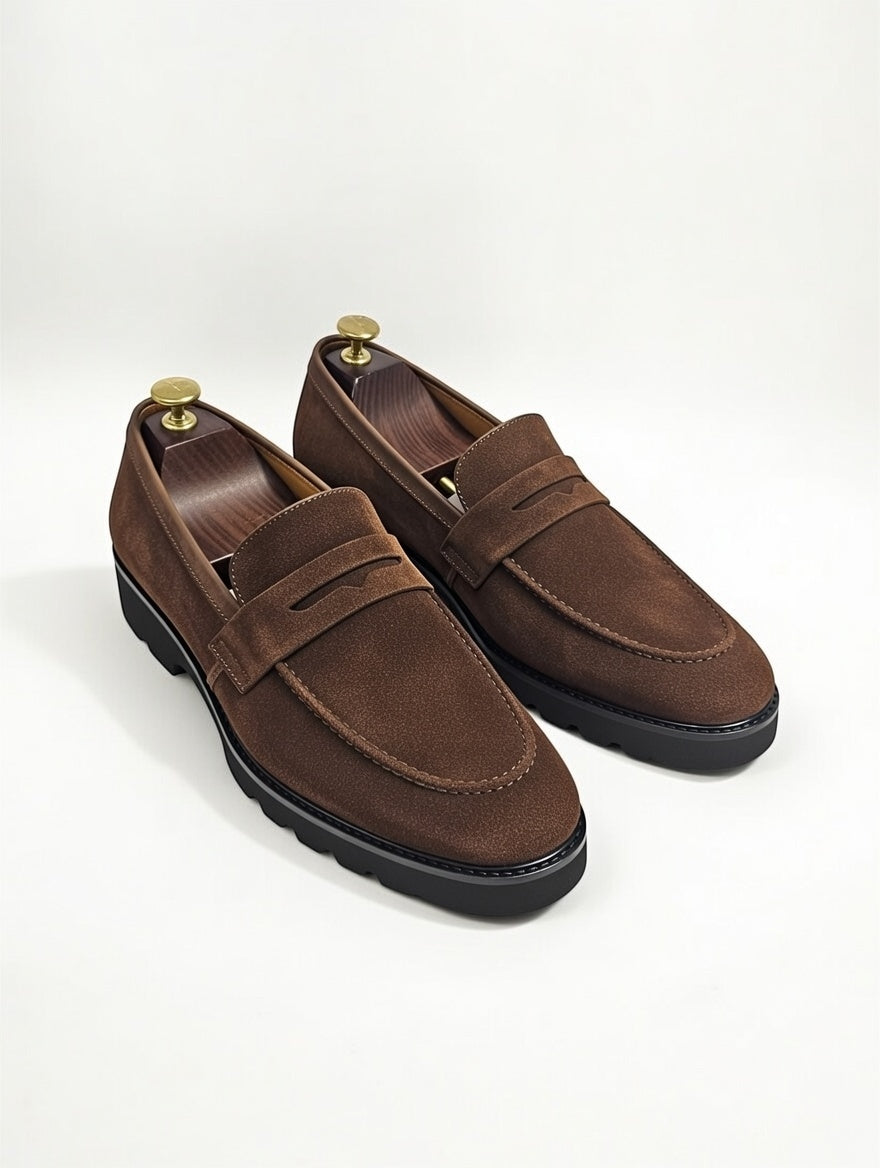 Pair of brown loafers on a white background