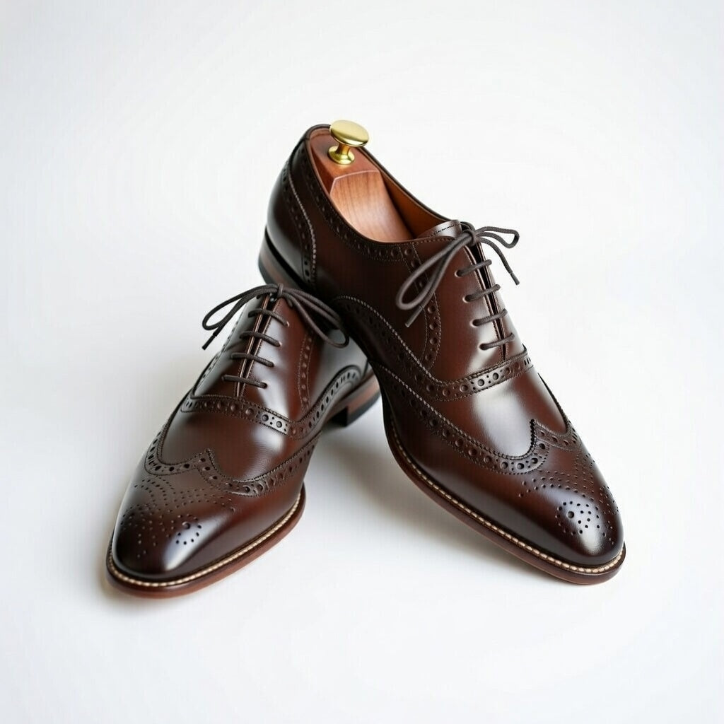 Pair of brown leather dress shoes on a white background