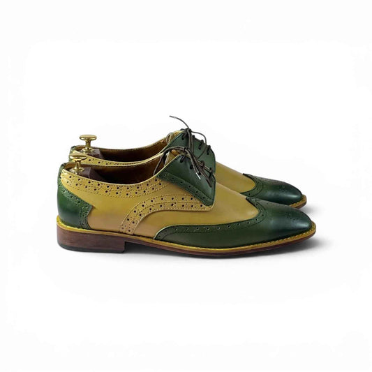 AS VerdantDuo "Two-Tone Wingtip Brogue Derby Shoes – Mustard Yellow & Forest Green Handmade Leather Oxford
