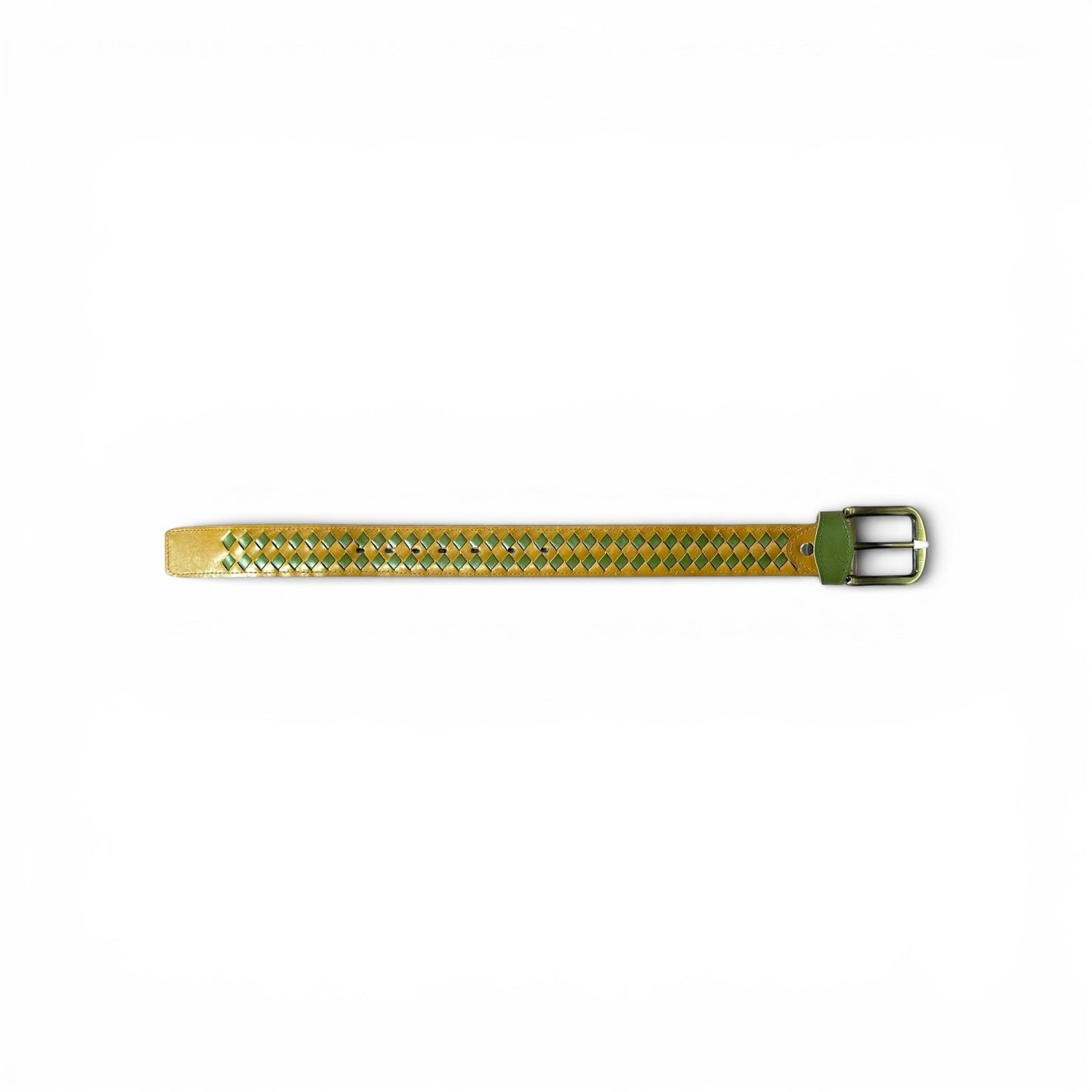 AS - Sunehri Jaal "Handmade Woven Diamond Leather Belt – Mustard Yellow & Green | Antique Brass Buckle | Unisex Braided Casual Belt