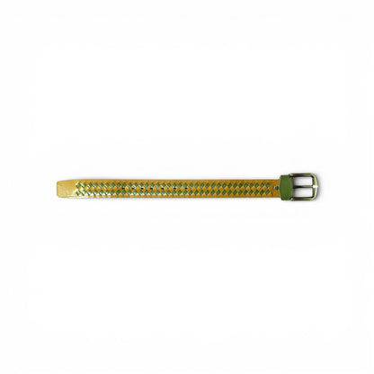 AS - Sunehri Jaal "Handmade Woven Diamond Leather Belt – Mustard Yellow & Green | Antique Brass Buckle | Unisex Braided Casual Belt
