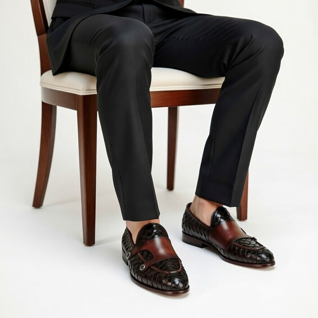 Person wearing black suit pants and brown loafers sitting on a chair.