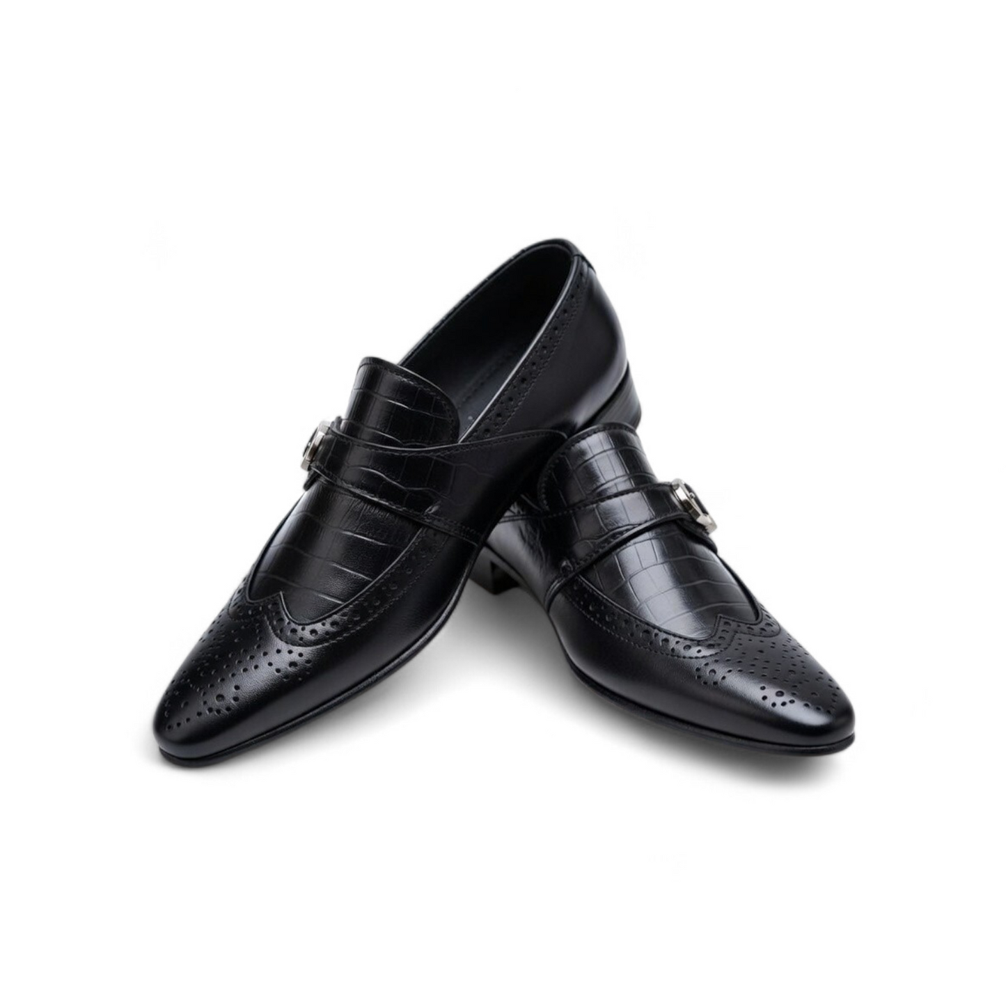 Pair of black dress shoes on a white background