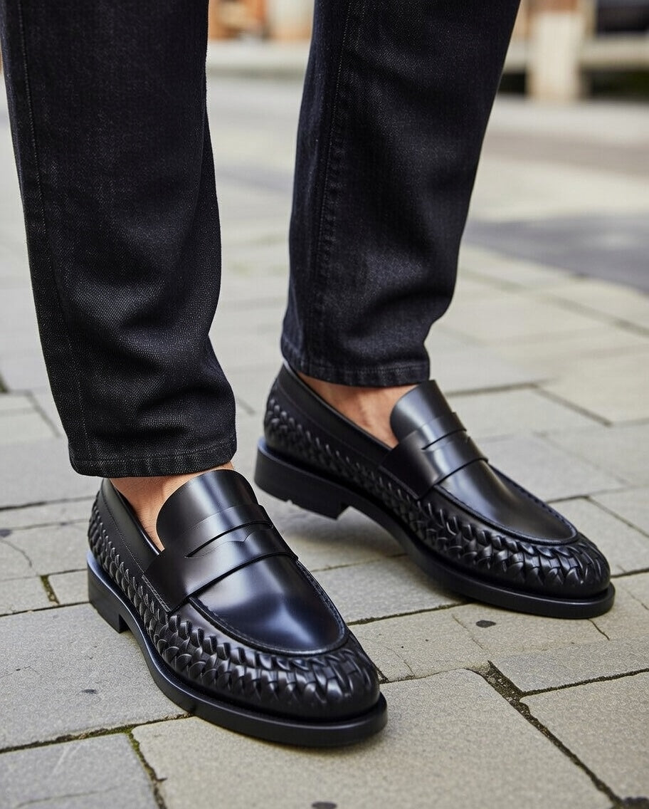 Black woven loafers worn with black pants on a stone pavement.