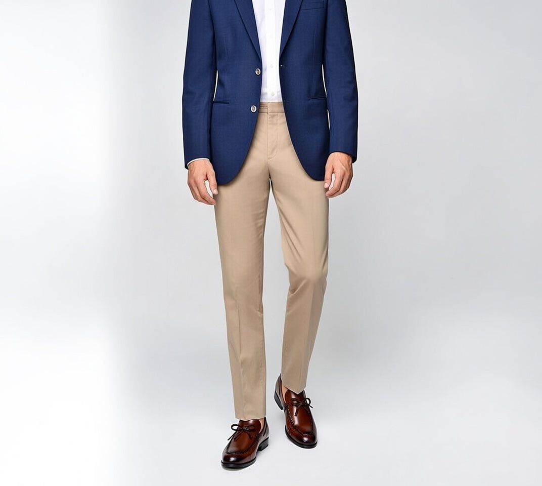 Person wearing a navy blazer, beige pants, and brown shoes on a white background