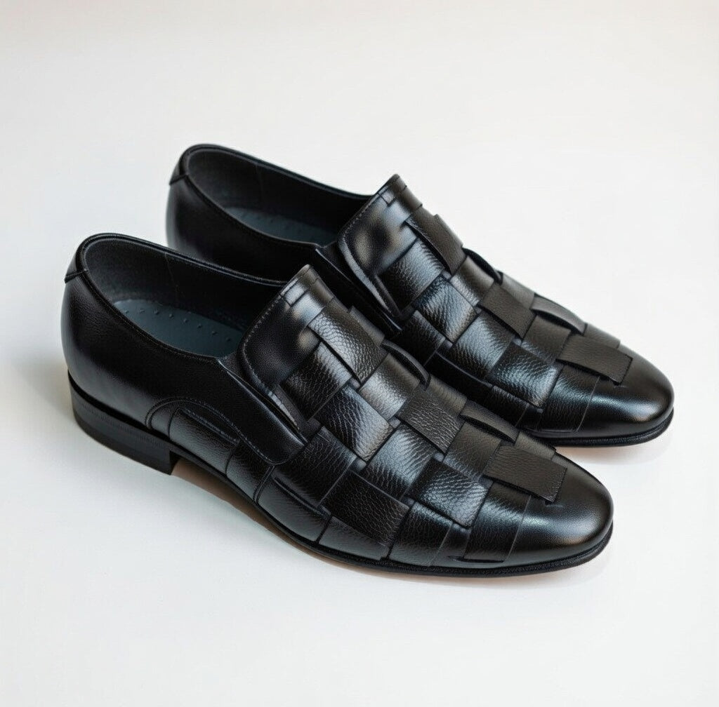 As - Wokib"Handmade Black Leather handwoven Mocation