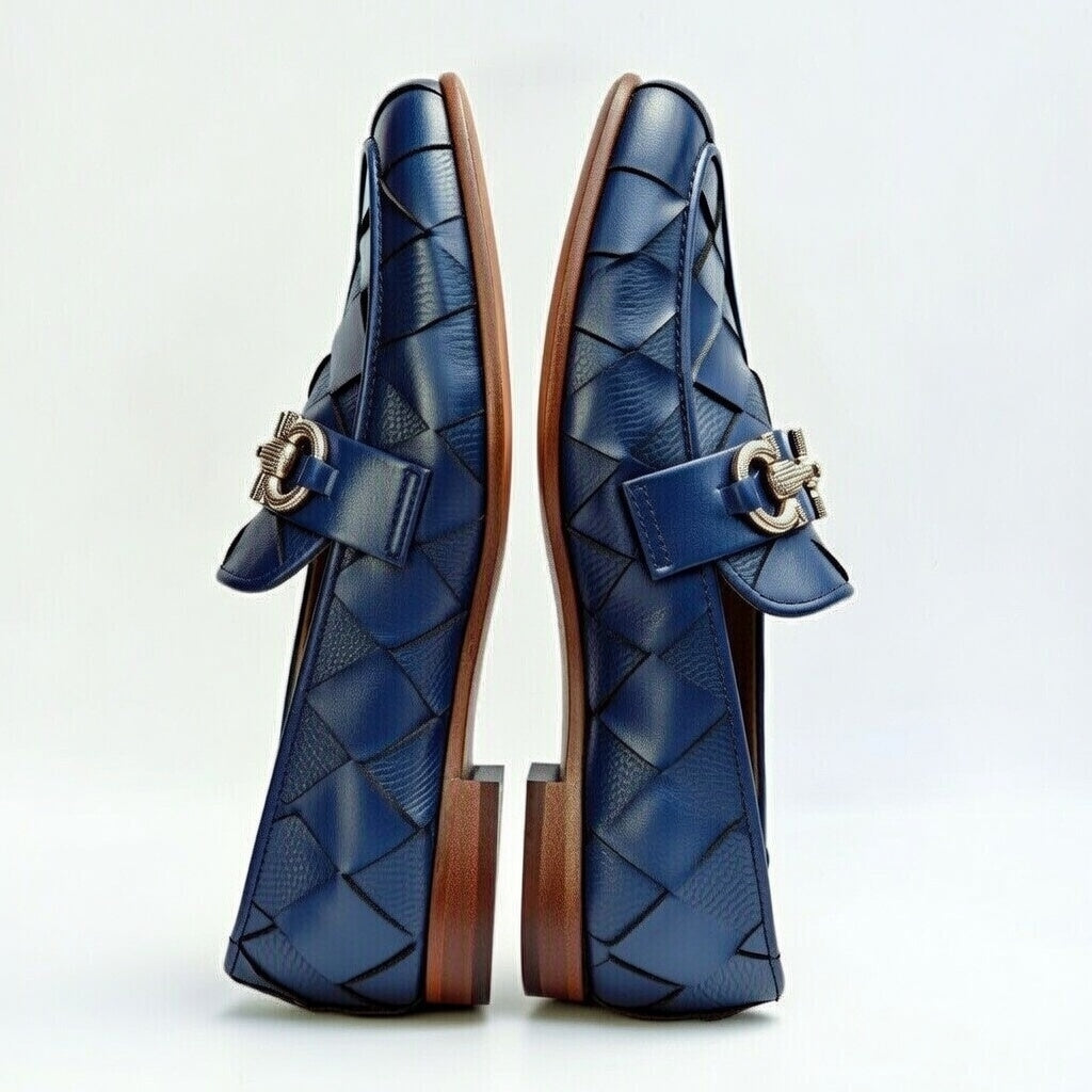 Men’s Navy Blue Woven Leather Loafers – Premium Handmade Slip-On Formal Shoes