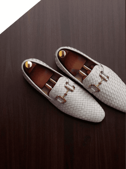 handmade leather loafers, white woven loafers, men’s formal shoes, luxury loafers for men, genuine leather loafers, wedding shoes for men, designer loafers Pakistan