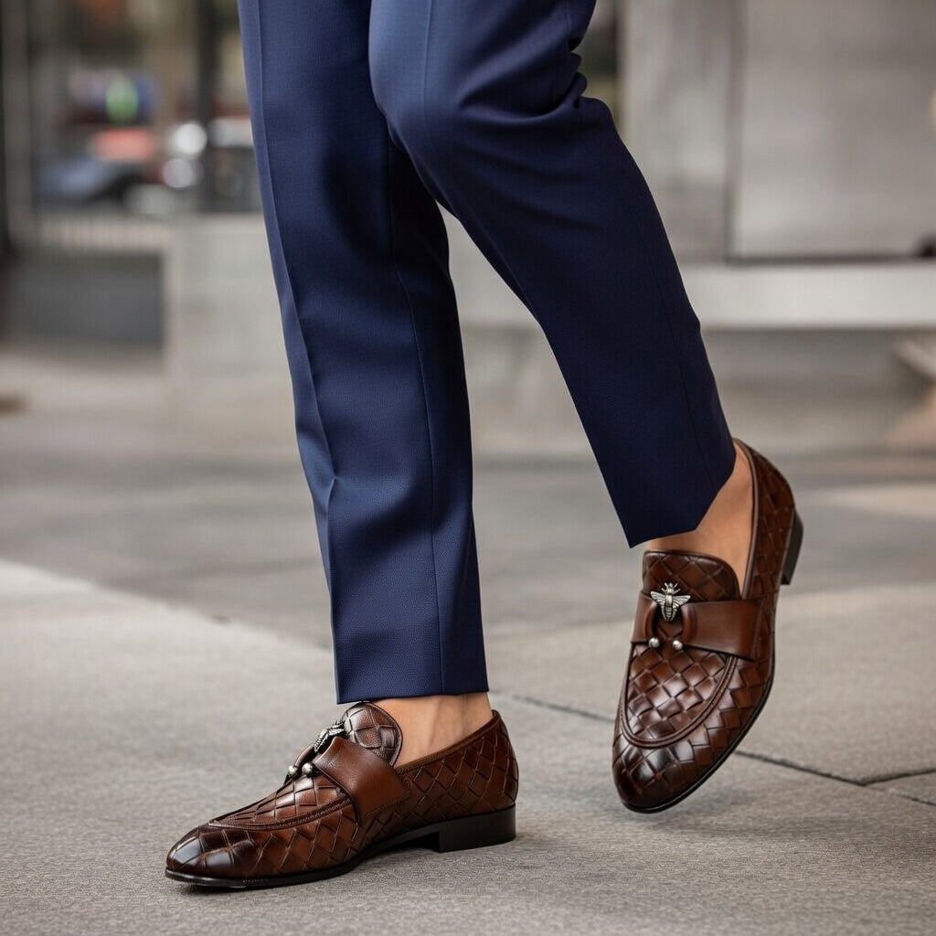 Brown loafers worn with navy blue pants on a blurred street background