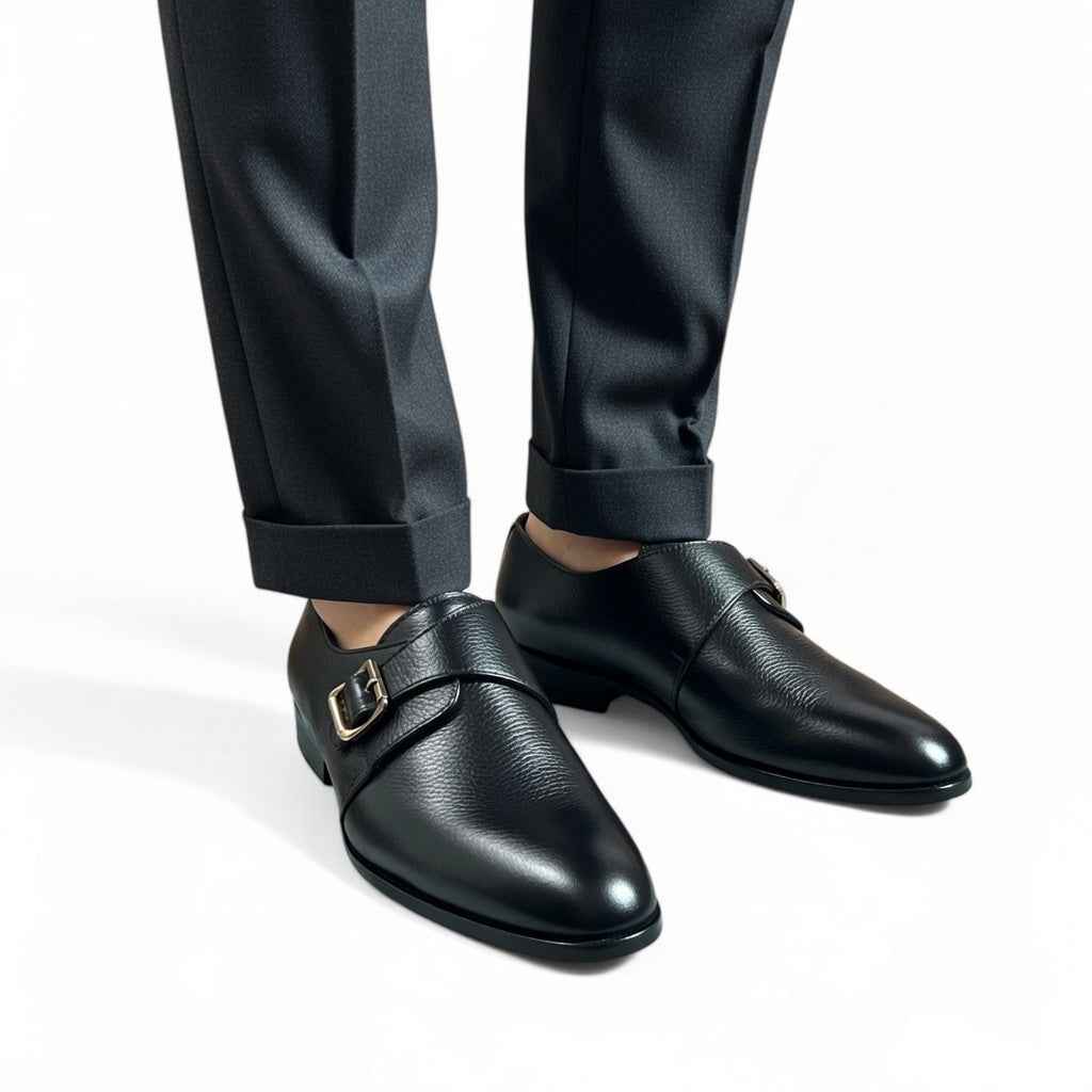 AS - Mok"Men’s Black Leather Monk Strap Dress Shoes