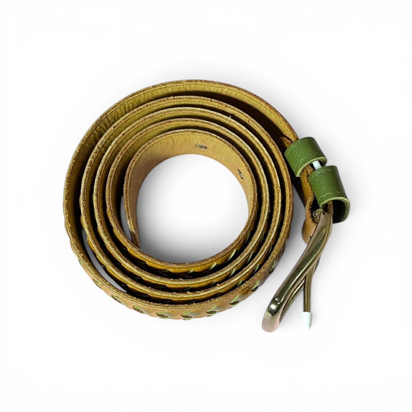 A coiled olive green leather belt with a matching metal buckle, displayed on a clean white background.